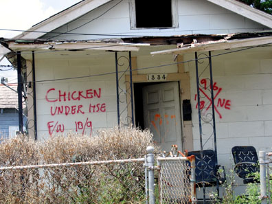Who knows what became of that chicken. These kind of markings are everywhere, a code for resuce workers